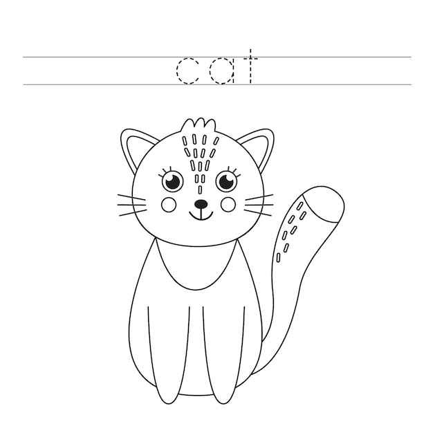 Trace the word. Cute cartoon cat. Handwriting practice for preschool kids.