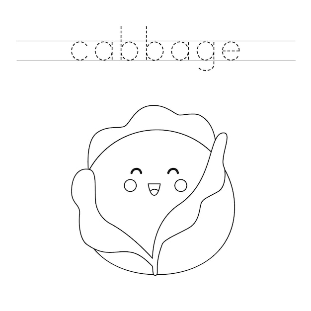 Trace the word. Cute kawaii cabbage. Handwriting practice for preschool kids.