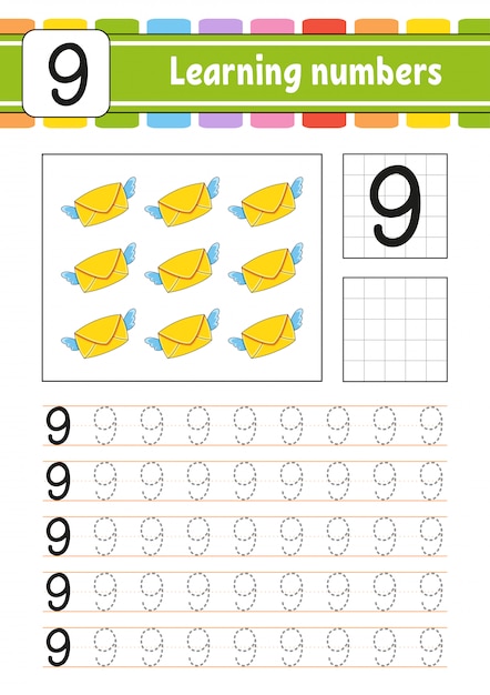 トレースと書き込み。手書きの練習。子供のための学習番号。