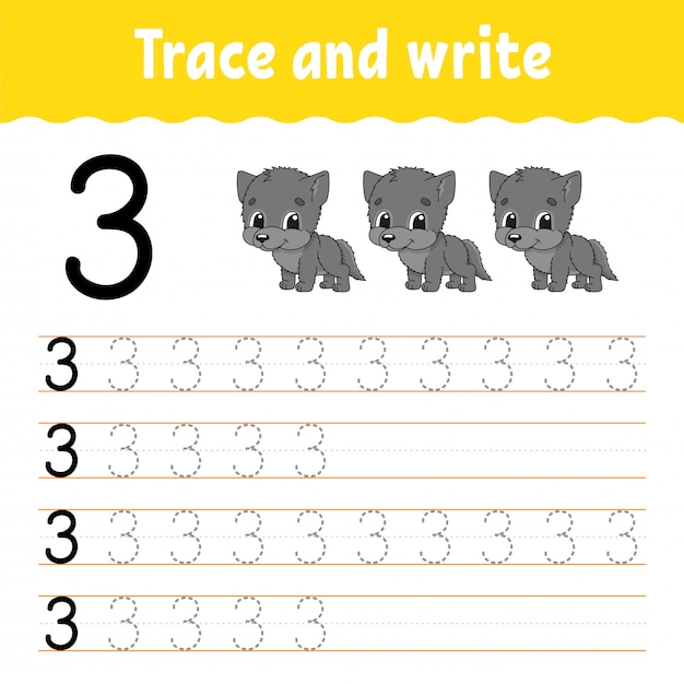 Trace and write. handwriting practice. learning numbers for kids.