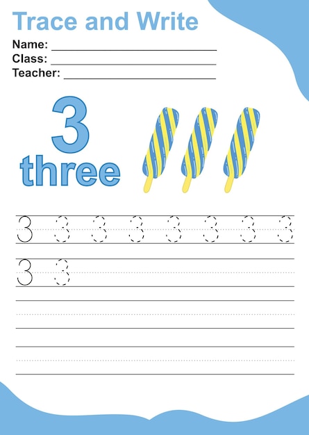 Trace and write number for children. Exercise for children to recognize the number. Educational work