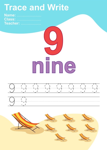 Traccia e scrivi il numero per i bambini. esercizio per far riconoscere ai bambini il numero. archivio vettoriale.