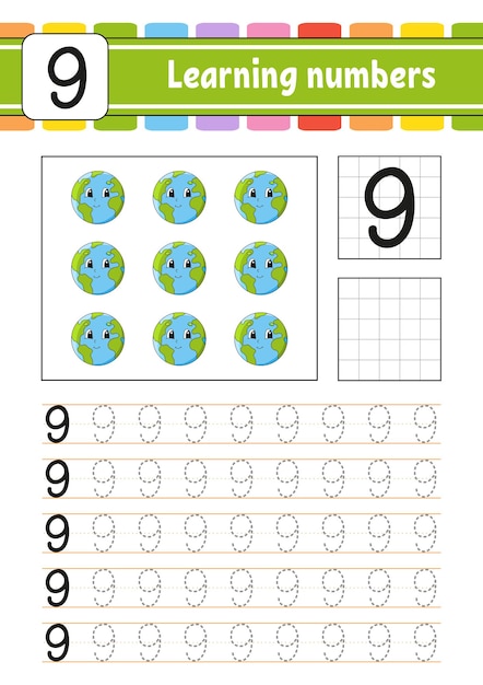 Traccia e scrivi i numeri pratica della scrittura a mano imparare i numeri per i bambini foglio di lavoro per lo sviluppo dell'istruzione pagina attività illustrazione vettoriale