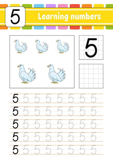 Traccia e scrivi i numeri pratica della scrittura numeri di apprendimento per i bambini foglio di lavoro per lo sviluppo dell'istruzione pagina delle attività