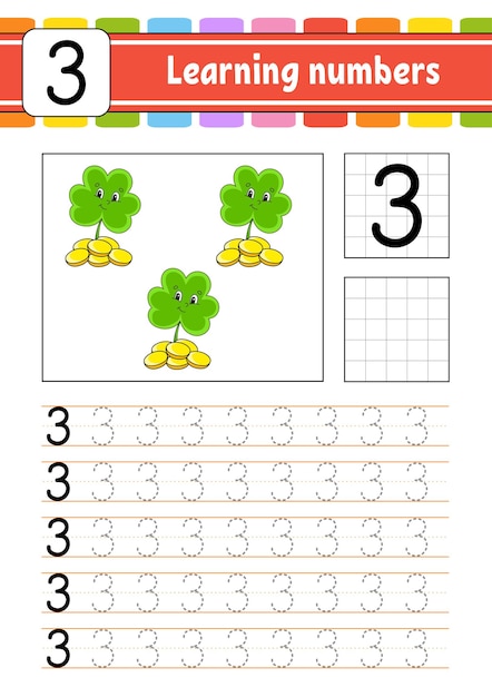 Vector trace and write numbers. handwriting practice. learning numbers for kids. education developing worksheet. st. patrick's day.