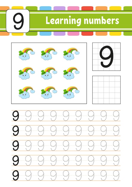 数字をトレースして書き込みます。手書きの練習。子供のための学習数。教育開発ワークシート。聖パトリックの日。