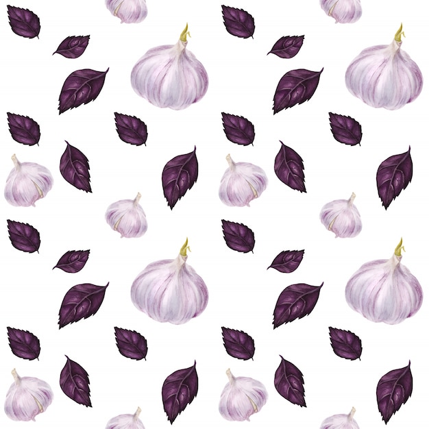 Vector traced watercolor seamless pattern with garlic and violet basil