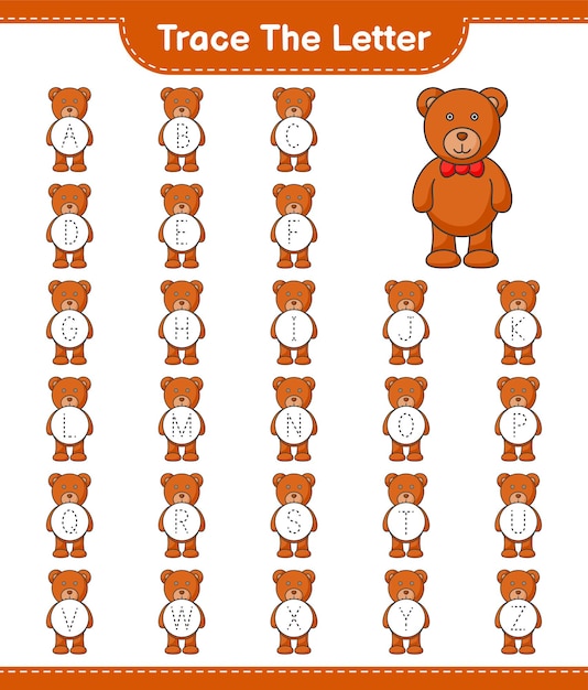 Traceer de brief. tracing letter alfabet met teddybeer. educatief kinderspel, afdrukbaar werkblad, vectorillustratie