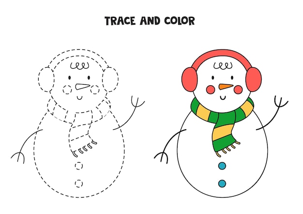 Traceer en kleur cartoon kerstsneeuwman. Werkblad voor kinderen.