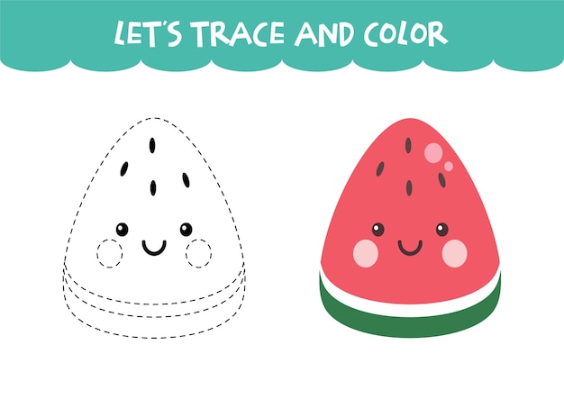 Traceer en kleur het schattige educatieve werkblad watermeloen