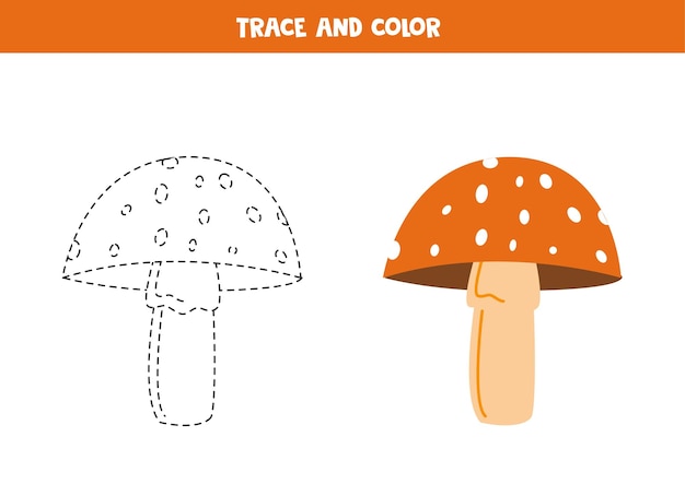 Traceer en kleur schattig handgetekende vliegenzwam werkblad voor kinderen