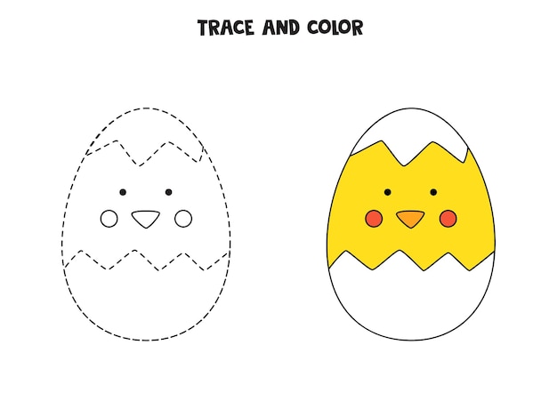 Traceer en kleur schattige babykip van ei. Werkblad voor kinderen.