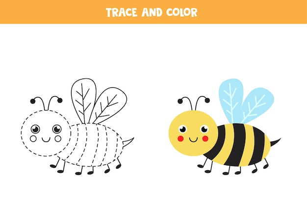 Traceer en kleur schattige bijen. Educatief spel voor kinderen. Schrijf- en kleuroefening.