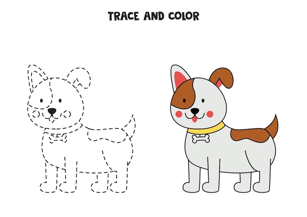 Traceer en kleur schattige handgetekende hond Werkblad voor kinderen