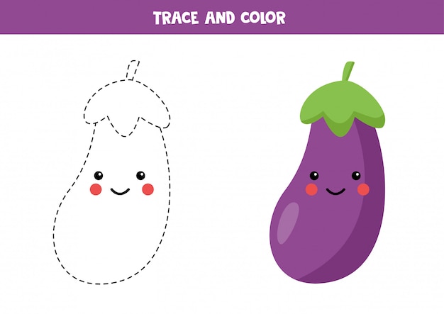 Traceer en kleur schattige kawaii aubergine. schrijfvaardigheden.