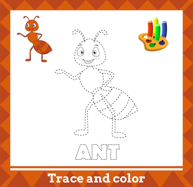 Traceer en kleur voor kinderen, ant vector kinderactiviteitenpagina