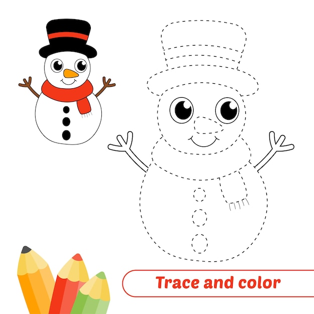 Traceer en kleur voor kinderen sneeuwpop vector