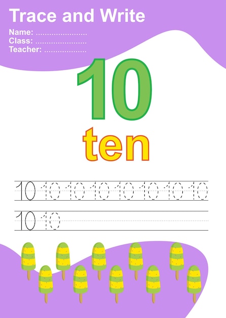 Traceer en schrijf nummer voor kinderen. Oefening voor kinderen om het nummer te herkennen. Vector bestand.