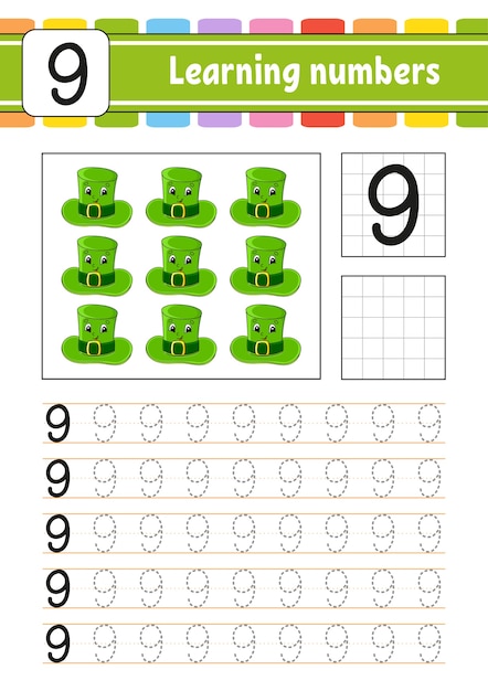 Traceer en schrijf nummers. handschrift oefenen. getallen leren voor kinderen