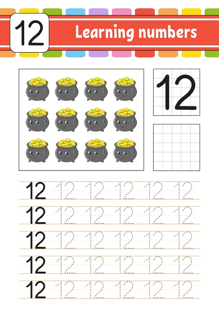 Traceer en schrijf nummers. Handschrift oefenen. Getallen leren voor kinderen