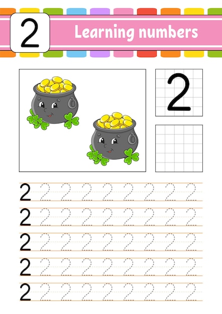 Traceer en schrijf nummers. Handschrift oefenen. Nummers leren voor kinderen. Onderwijs ontwikkelen werkblad. St. Patrick's dag.