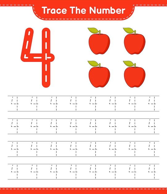 Traceer het nummer Traceringsnummer met Apple Educatief kinderspel afdrukbaar werkblad vectorillustratie