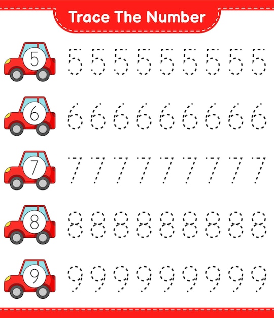 Traceer het nummer. Traceringsnummer met auto. Educatief kinderspel, afdrukbaar werkblad, vectorillustratie