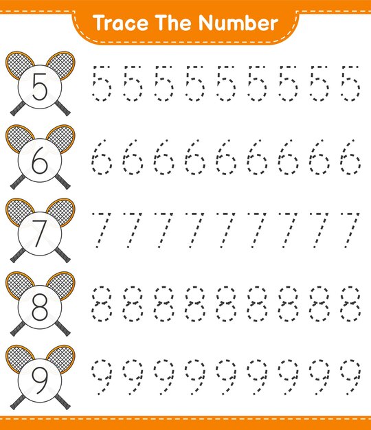 Traceer het nummer. traceringsnummer met badmintonrackets. educatief kinderspel, afdrukbaar werkblad, vectorillustratie