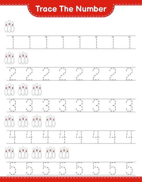 Traceer het nummer. Traceringsnummer met Bowling Pin. Educatief kinderspel, afdrukbaar werkblad, vectorillustratie