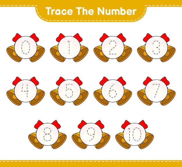 Traceer het nummer traceringsnummer met christmas bell educatief spel voor kinderen afdrukbaar werkblad vectorillustratie