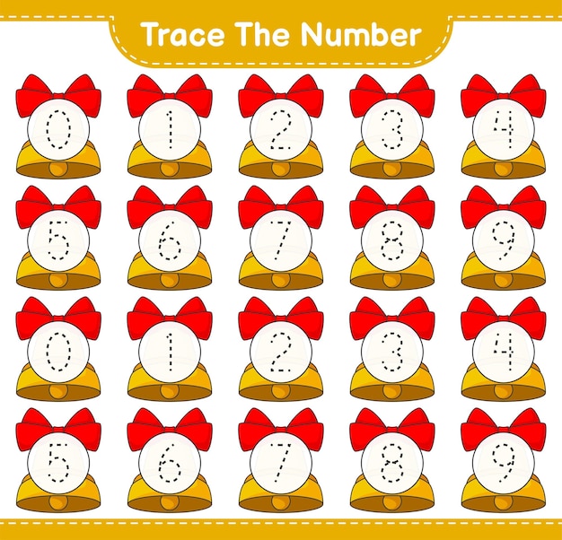 Traceer het nummer Traceringsnummer met Christmas Bell Educatief spel voor kinderen afdrukbaar werkblad vectorillustratie
