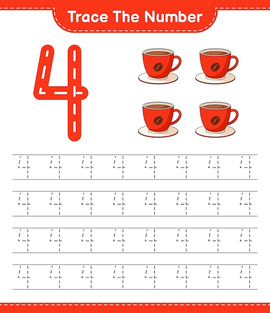 Traceer het nummer Traceringsnummer met Coffee Cup Educatief spel voor kinderen afdrukbaar werkblad vectorillustratie