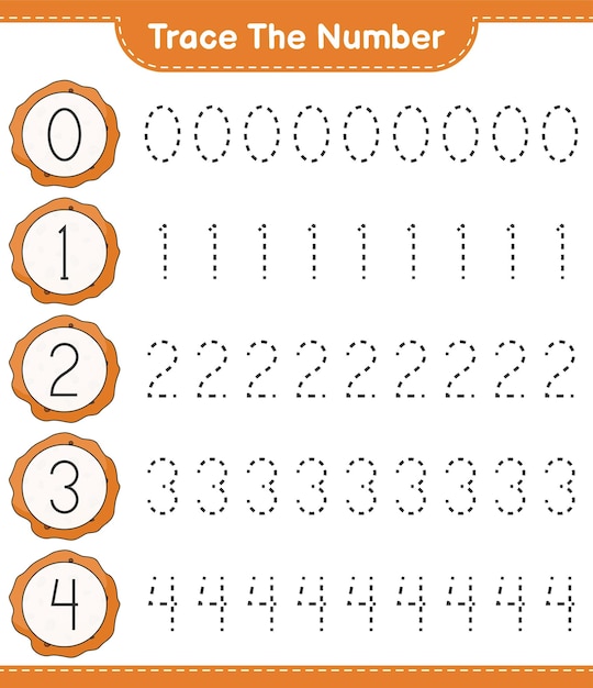 Traceer het nummer Traceringsnummer met Cookie Educatief spel voor kinderen afdrukbaar werkblad vectorillustratie