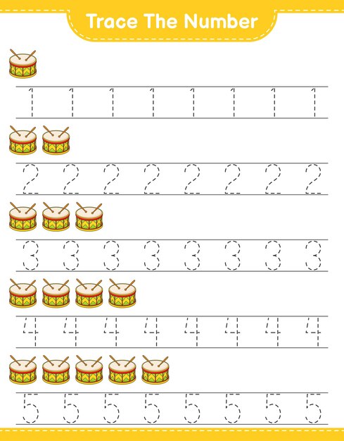 Traceer het nummer. Traceringsnummer met Drum. Educatief kinderspel, afdrukbaar werkblad, vectorillustratie