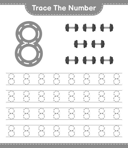 Traceer het nummer. traceringsnummer met halter. educatief kinderspel, afdrukbaar werkblad, vectorillustratie