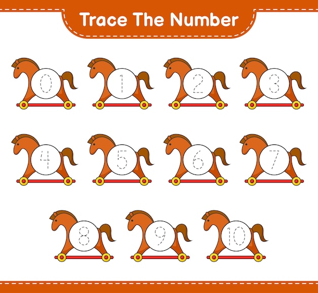 Traceer het nummer. Traceringsnummer met Hobbelpaard. Educatief kinderspel, afdrukbaar werkblad, vectorillustratie