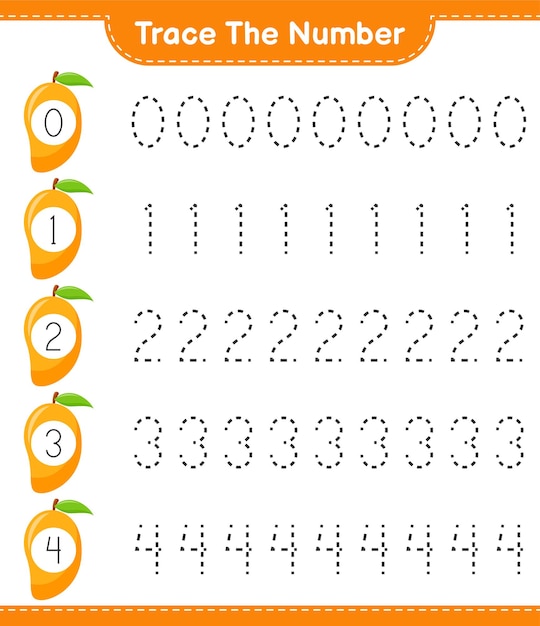 Traceer het nummer. Traceringsnummer met Mango. Educatief kinderspel, afdrukbaar werkblad