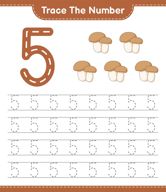 Traceer het nummer Traceringsnummer met paddestoel Boletus Educatief kinderen spel afdrukbaar werkblad vectorillustratie