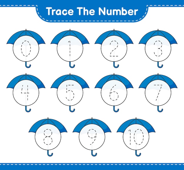 Traceer het nummer Traceringsnummer met paraplu Educatief kinderspel afdrukbaar werkblad