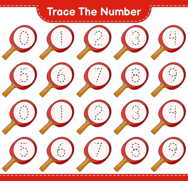 Traceer het nummer. Traceringsnummer met pingpongracket. Educatief kinderspel, afdrukbaar werkblad, vectorillustratie