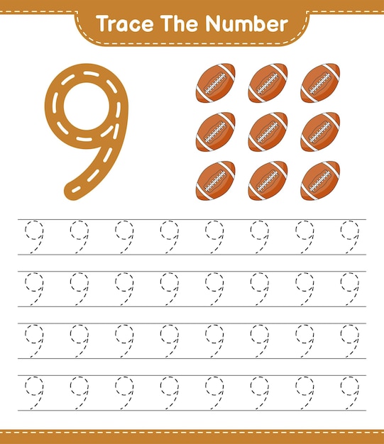 Traceer het nummer. Traceringsnummer met Rugby Ball. Educatief kinderspel, afdrukbaar werkblad, vectorillustratie