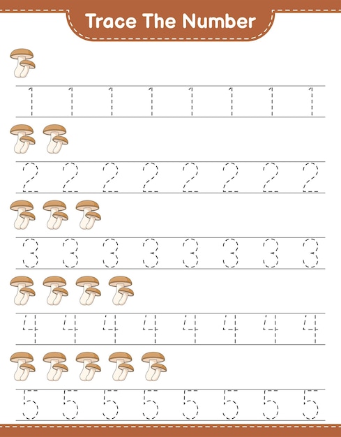 Traceer het nummer Traceringsnummer met Shiitake Educatief spel voor kinderen afdrukbaar werkblad vectorillustratie