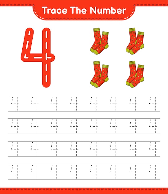 Traceer het nummer Traceringsnummer met sokken Educatief spel voor kinderen afdrukbaar werkblad vectorillustratie