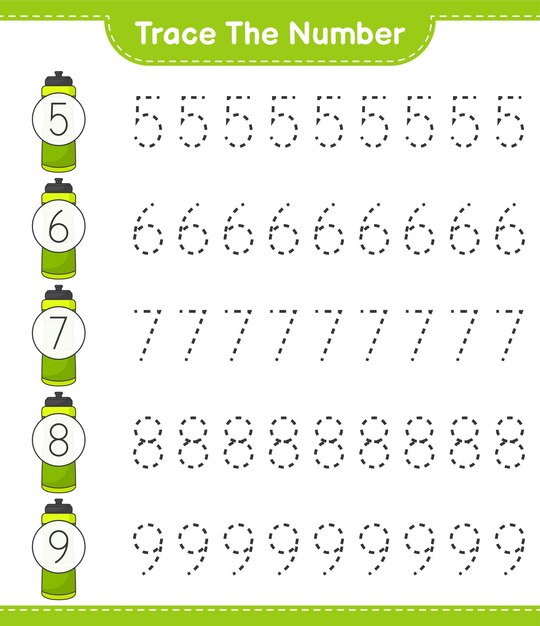 Traceer het nummer. Traceringsnummer met sportwaterfles. Educatief kinderspel, afdrukbaar werkblad, vectorillustratie