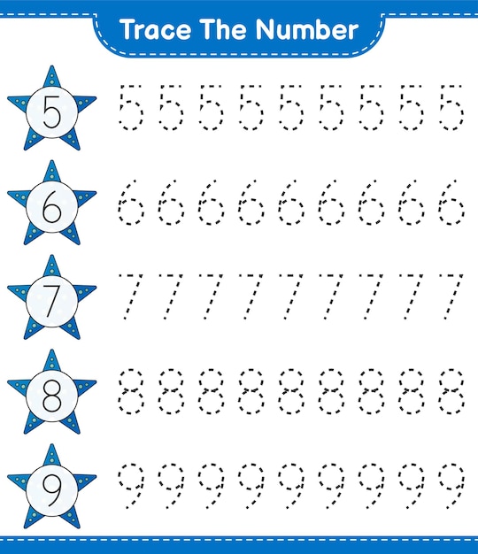 Traceer het nummer Traceringsnummer met Starfish Educatief kinderspel afdrukbaar werkblad