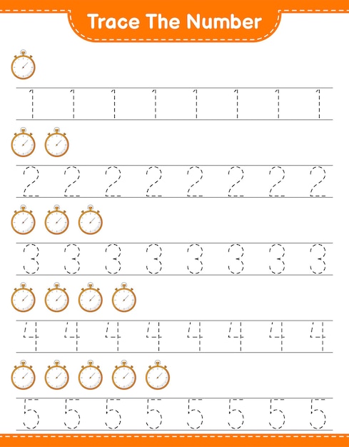 Traceer het nummer. traceringsnummer met stopwatch. educatief kinderspel, afdrukbaar werkblad, vectorillustratie