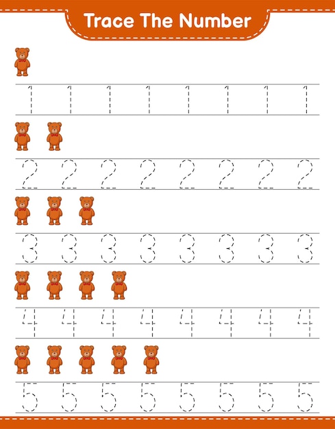 Traceer het nummer. Traceringsnummer met teddybeer. Educatief kinderspel, afdrukbaar werkblad, vectorillustratie