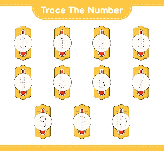 Traceer het nummer Traceringsnummer met Thermometer Educatief kinderen spel afdrukbaar werkblad vectorillustratie