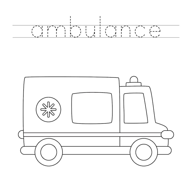 Traceer het woord. Kleur ambulance auto. Handschriftoefening voor kleuters.