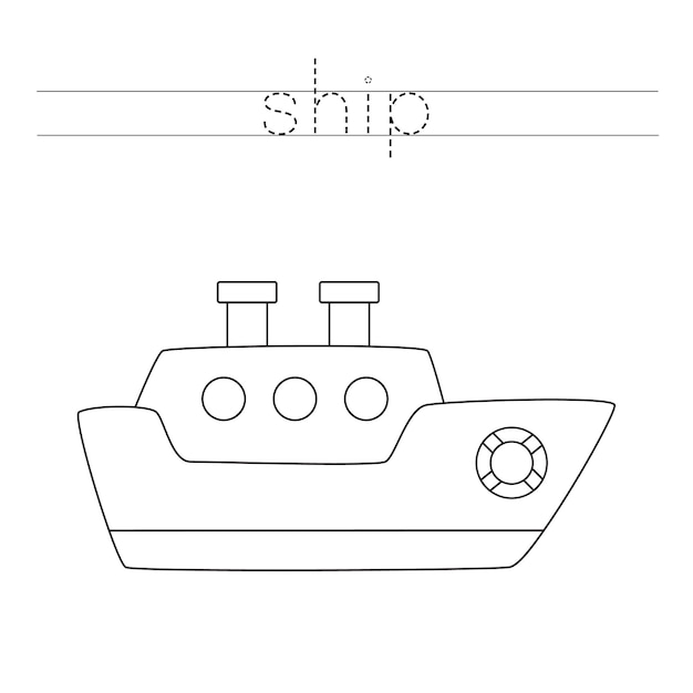 Traceer het woord. kleur zeeschip. handschriftoefening voor kleuters.